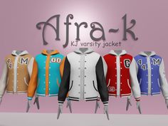 five different colored jackets on display in front of a pink wall with the words'jfrak kil varsity jacket '