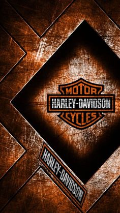 the harley davidson logo is shown on an orange and black background with silver squares around it