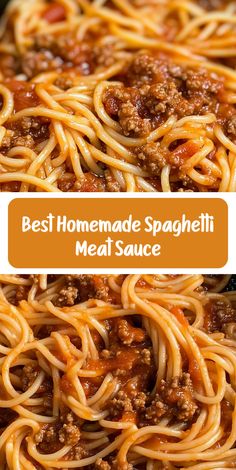 the best homemade spaghetti meat sauce in a skillet with text overlay that reads, best homemade spaghetti meat sauce