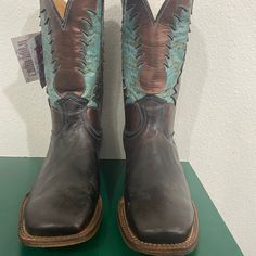 Brand New Cowboy Cowgirl Boots! Beautiful Brown With Turquoise Stitching. Gorgeous Casual Blue Square Toe Boots, Green Casual Boots With Snip Toe, Casual Green Boots With Snip Toe, Brown Knee Boots, Brown Ballet Flats, Brown And Turquoise Cowboy Boots, Clear Boots, Mark Brown, Cheap Western Knee-high Cowboy Boots