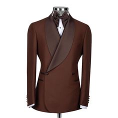 Elegant Custom Fit Brown Blazer, Elegant Brown Custom Fit Blazer, Formal Brown Custom Fit Blazer, Luxury Long Sleeve Suits In Suiting Fabric, Brown Custom Fit Blazer For Formal Occasions, Luxury Semi-formal Three-piece Suit With Long Sleeves, Luxury Three-piece Suit For Semi-formal Occasions, Luxury Long Sleeve Suits, Elegant Tuxedo With Lapel Collar