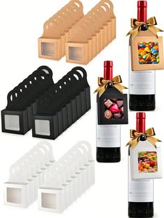 the wine bottle is decorated with candy bars and candies in black, white, and red