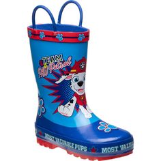 a child's blue boot with an image of a dog on it