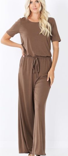 Mocha Jumpsuit With Elastic Waist And Back Keyhole. Chic Brown Jumpsuits And Rompers For Loungewear, Brown Summer Jumpsuits And Rompers For Loungewear, Summer Brown Jumpsuits And Rompers For Loungewear, Drawstring Waist Shorts, Tie Dye Colors, Short Sleeve Jumpsuits, Jumpsuit Online, Wide Leg Cropped Pants, One Piece Outfit