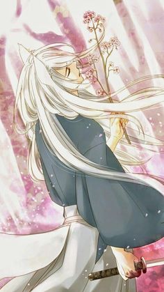 a woman with long white hair and blue dress holding a flower in her right hand