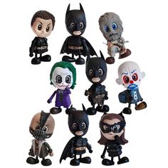 the batman movie character action figures are shown in this image, with different colors and sizes