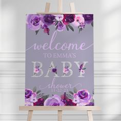 Purple Floral Baby Shower Welcome Sign - gender_girl, Purple Floral, text Purple Baby Shower Decorations, Purple Floral Nursery, Violet Color Palette, Purple Baby Shower, Baby Shower Purple, Girl Nursery Room, Nursery Room Inspiration, Baby Room Design, Purple Baby