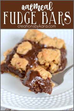 chocolate fudge bars on a white plate with a spoon in the foreground and text overlay that reads, oatmeal fudge bars