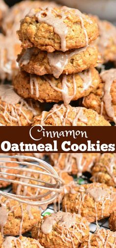 cinnamon oatmeal cookies stacked on top of each other with icing drizzle