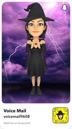 a cartoon character wearing a witches hat and holding her hands together in front of a purple sky with lightning