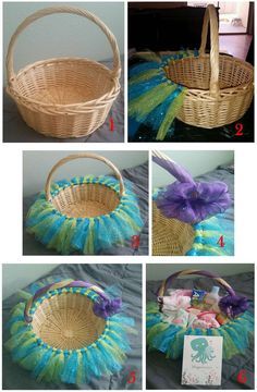 four pictures of different baskets with flowers and ribbons in them, including one for a basket