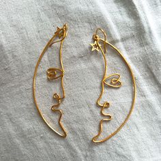 Bnwot Super Light Weight And Easy To Wear And Pack. Never Worn Gold Wire Twist Abstract Surreal Face Moon Star Earring Schiaparelli Vibes Moon Wire Earrings, Star Earring, Moon Star, Moon Earrings, Gold Wire, Wire Earrings, Wire Art, Star Earrings, Stars And Moon