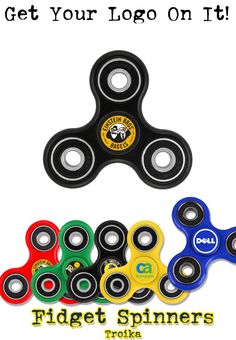 four different colored fidget spinners with the words get your logo on it in black and