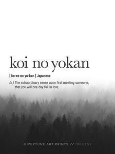 the words koi no yokan are written in black and white on a foggy background