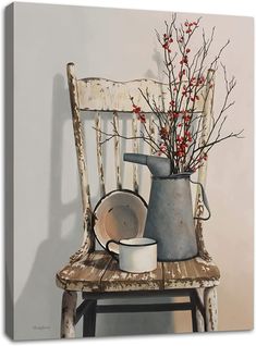 a painting of a chair with flowers in it