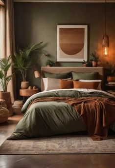 a bedroom with green and brown bedding, potted plants on the side of the bed