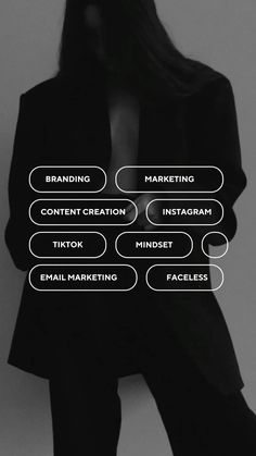 a woman standing in front of a wall with the words branding, content creation, instagram and email marketing