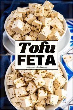 tofu is in a white bowl with the words tofu feta above it