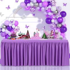 PRICES MAY VARY. Purple table cloth rectangle material: High quality 90% Polyester, 10% Spandex stretch table cover, made of smooth stretchy wrinkle resistant material, sturdy reusable and lightweight.Washable and reusable. Purple tablecloth size: Purple spandex tablecloth fitted for 6 foot rectangle tables. 6ft purple ruffle table cloth is 71'' in length, 28'' in high and 30'' in width, fitted table tablecloth have a little stretch. Stretch open back table cloth design: With an open back design Purple Table Decorations, Purple Tablecloth, Purple Table, Princess Decorations, Dessert Table Decor, Baby Shower Cakes Girl, Tablecloth Sizes, Table Skirt, Baby Shower Princess