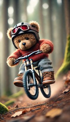 a teddy bear is riding a bike in the woods with goggles and a sweater