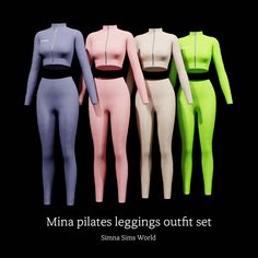 five mannequins with the words, mina piles leggings outfit set