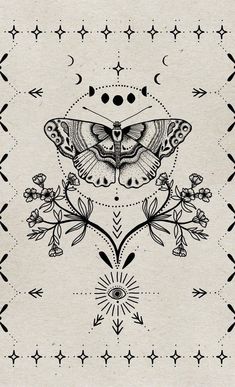 a black and white drawing of a moth on a beige background with stars, flowers and arrows