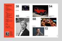 an orange and black brochure with pictures of men in suits, including a red jeep