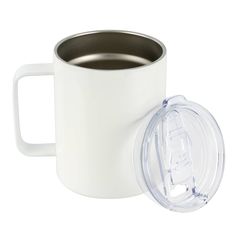 a white coffee mug with a lid next to a stainless steel tumbler cup on a white background