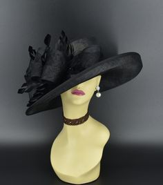 "✿*.Key Features.*✿ One of my favorite hats! It looks like a medium brim hat in pictures, actually the brim is more wide. Coming with big bows and trimmed feathers. 3 Layers high quality sinamay. It's more beautiful in person! Great for Kentucky derby, weddings, church, Easter, Royal Ascot, horse races, cocktails, tea party, or any hat wearing occasion. Hat base size: From front to back: 16.5\" (42cm) From left to right: 16\" (41cm) Wide brim appr: 4.25~5\" Head girth: 22.5\" (57cm) , adjustable Black High Crown Hat For Races, Elegant Black Hat Bands For Kentucky Derby, Black Hat With Curved Brim For Royal Ascot, Black Wedding Hat For Kentucky Derby, Black Curved Brim Hat For Royal Ascot, Elegant Black Hat Band For Evening, Elegant High Crown Fedora For Formal Events, Elegant High Crown Fedora For Formal Occasions, Black Short Brim Hat For Wedding