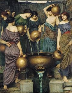 a painting of women drinking water from a fountain