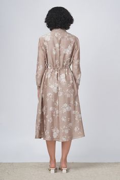 Beige silk chanderi shirt dress with yuri floral prints and tie-up detail. - Aza Fashions Festive Long Sleeve Floral Midi Dress, Beige Floral Print Dress For Festive Occasions, Spring Floral Print Long Sleeve Silk Dress, Tie Up Shirt, Tie Up Dress, Beige Silk, Printed Ties, Floral Shirt, Shirt Collar