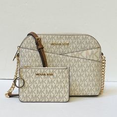 New With Tag Michael Kors Jet Set Travel Medium Dome Crossbody Bag + Coin Wallet Set Mk Signature Pvc Leather Michael Kors Logo At Front Gold Toned Hardware Vanilla Brown 100% Authentic Retail: $328.00 + $118.00 Plus Tax **Please See The Measurement For The Size** No Dust Bag 1 Slip In Pocket At Front Zip Top Closure Gold Toned Hardware Custom Fabric Lining 2 Slip-In Pockets 8.75" (L) X 7"(H) X 3.5"(D) Strap: 20"-23" Wallet: 2 Card Slots, Id Window At Back 1 Slip Pocket Zip Top Closure Custom Fa Messenger Purse, Brown Crossbody Bag, Michael Kors Crossbody Bag, Brown Leather Handbags, Brown Shoulder Bag, Michael Kors Crossbody, Black Leather Crossbody Bag, Purses Michael Kors, Kors Jet Set