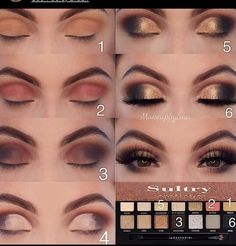 Eyeshadows Ideas, Smokey Eye Makeup Steps, Gold Eye Makeup Tutorial, Easy Eye Makeup Tutorial, Step Ideas, Eyeshadow Tutorial For Beginners, Sultry Makeup, Make Up Gold, Drag Make-up