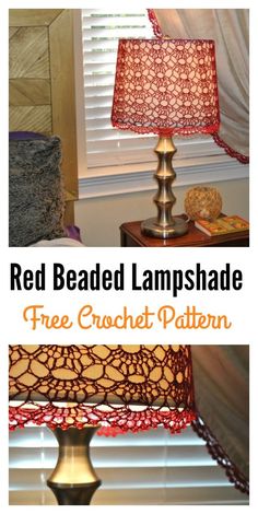 red beaded lampshade with free crochet pattern on the top and bottom