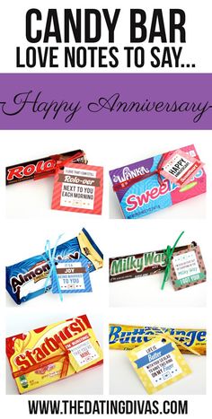 candy bar love notes to say happy anniversary with pictures and text overlays on it