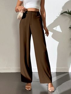 Marron fonçé Élégant Collar  Tissu tissé Unicolore ample Embellished Pas de l'extensibilité Brown Pants Women Outfit, Coffee Brown Pants Outfit, Tall Pants For Women, Brown Formal Pants Outfit, Brown Pants Outfit Women, Thanksgiving Fits, Trendy Trouser, Brown Dress Pants, Trouser Outfit