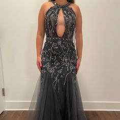 Gunmetal Beaded Jovani Gown. Never Worn Or Altered! Mermaid Gown Formal, Coral Homecoming Dresses, Green Mermaid Prom Dress, Plunging V Neck Dress, Jovani Gown, Beaded Flapper Dress, Gold Prom Dresses, Prom Dresses Jovani, Royal Blue Prom Dresses