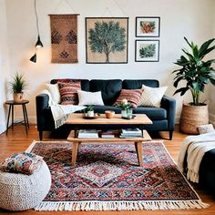 a living room filled with lots of furniture and rugs on top of a hard wood floor