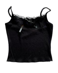 Ribbed lace trim cami top, with a satin bow for the simplest feminine touch. 73% Polyester, 22% rayon, 5% Spandex Made In: CHINA Cute Shirts Png, Black Cute Clothes, Black Lace Cami Top, Lace Trim Cami Top, Black Lace Cami, Lace Trim Tank Top, Lacy Tops, Black Cami Top, Lace Trim Cami