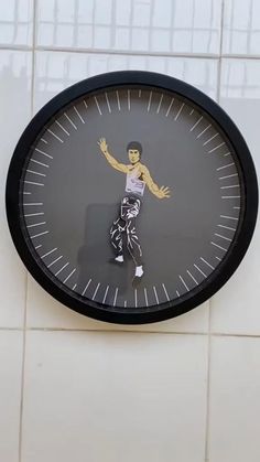 a clock with a man on it in the middle of a tiled flooring area