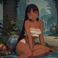 an animated image of a woman in a bathing suit sitting on the ground with her legs crossed