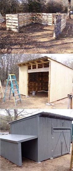 two pictures side by side showing the inside and outside of a shed