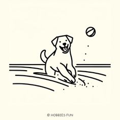 a black and white drawing of a dog playing with a ball