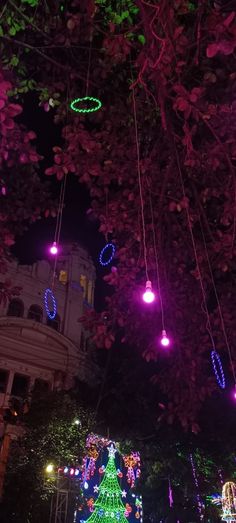 christmas lights are hanging from the ceiling in front of a building with trees and decorations