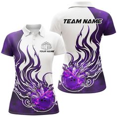 Crafted with the passionate female bowler in mind, our Women's Bowling Polo and Quarter-Zip Shirts are your canvas to express your love for the game. ✔️ Custom Women's Bowling Shirts Our uniquely designed bowling polo and quarter-zip shirts are ideal for proud female bowlers who want to make a bold statement. With a stylish form and distinctive design, these shirts set you apart from the rest, highlighting your passion and confidence in bowling. Add your personal touch to create a one-of-a-kind Fitted Sublimation Design T-shirt For Team Events, Fitted Short Sleeve T-shirt For Team Events, Fitted Tops With Sublimation Print For Team Events, Fitted Purple Tops With Sublimation Print, Fitted Short Sleeve Tops With Team Name, White Fitted Shirt With Team Name, Bowling Team Shirts, Purple Flame, Owl Shirt