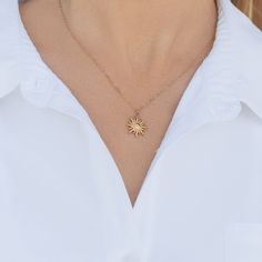 S U N ∙  C H A R M  ∙  N E C K L A C E This pendant necklace with 18k gold waterproof and NO tarnish finished will complete your daily look. This is the perfect gift for her! * Material: High Quality Stainless Steel, 100% WATERPROOF  * Finish: 18K Gold Chain Length: 16" +  2" extender O T H E R ∙ I N F O R M A T I O N * All items are beautifully packaged. Ready to gift in brand jewelry boxes * If you have any questions, please feel free to contact me.  I am here for you :) P R O C E S S I N G  & Gold Charm Necklace With Sun Design, 14k Yellow Gold Sun Design Necklace, 14k Gold Necklaces With Sun Design, 14k Gold Sun Design Necklaces, 14k Gold Sun Design Necklace, Everyday Yellow Gold Sun Design Jewelry, Everyday Yellow Gold Jewelry With Sun Design, Minimalist Gold Necklace With Sun Design, Sun Choker