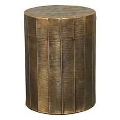 an image of a round side table that is made out of wood and has metal strips on it