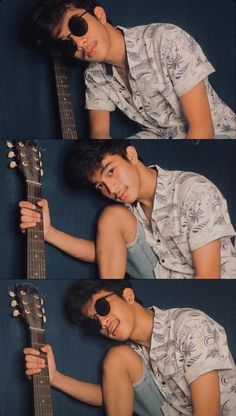 the man is posing with his guitar in three different poses, both smiling and holding it up