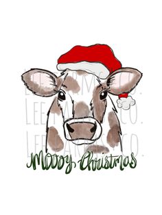 a drawing of a cow wearing a santa hat