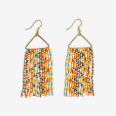 the multicolored beaded fringe earrings are hanging from gold - plated hooks